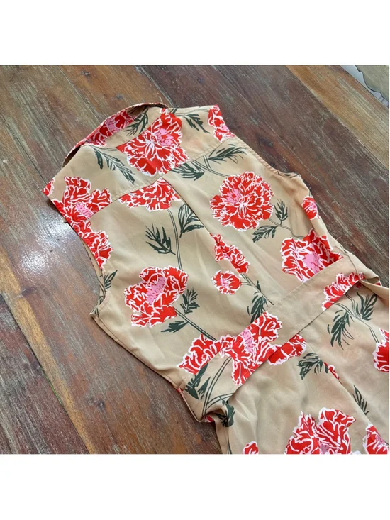 Banana Republic Floral Sleeveless Midi Shirtdress Button Up Tan Coral Pink Sz 2 - Picture 11 of 11